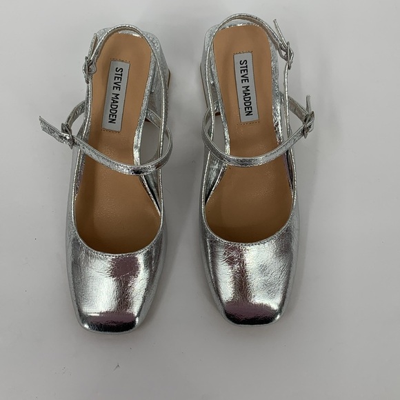 Steve Madden Emjay slingback pumps shoe crinkle silver metallic block heel new 8 - Picture 5 of 6